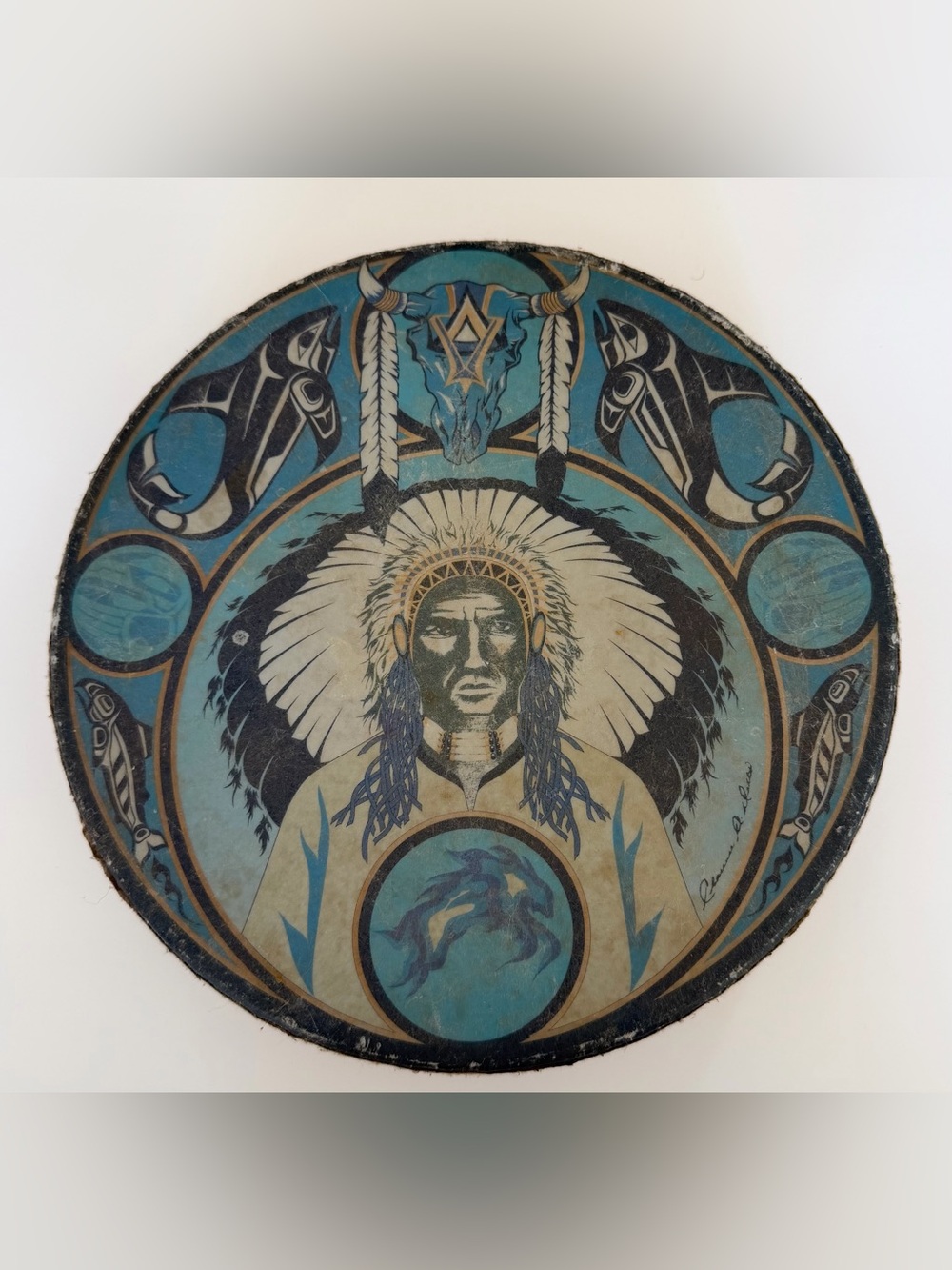 VINTAGEโ NATIVE AMERICAN SYNTHETIC HEAD HAND DRUM PRAYER DRUM 10โDx2โT